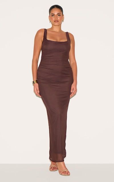 Plus Robe longue en mesh doublé chocolat froncé à col carré