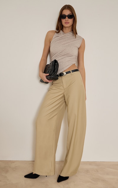 Tan Belted Wide Leg Pants