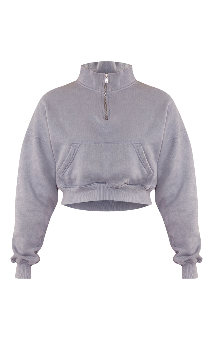 Blue Acid Wash Oversized Pocket Crop Zip Sweatshirt image 5