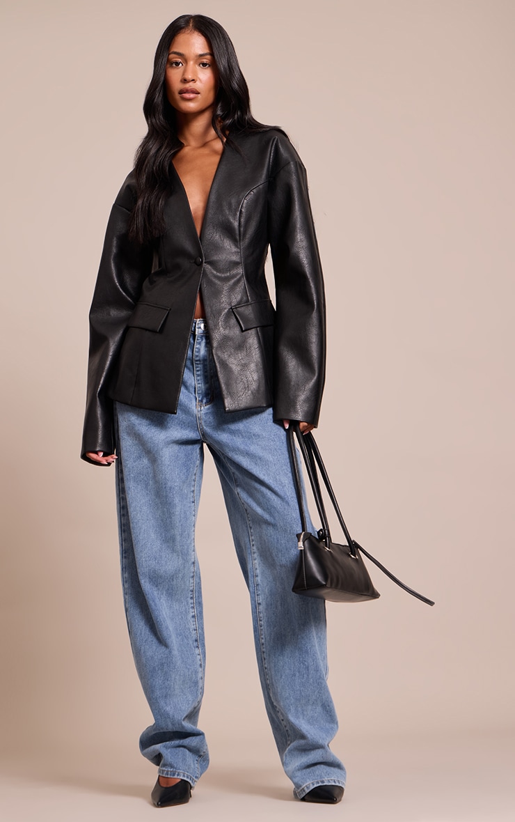Tall Black Leather Look Cinched Waist Blazer image 3