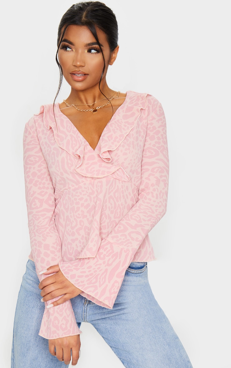 Pink Leopard Print Frill Detail Blouse