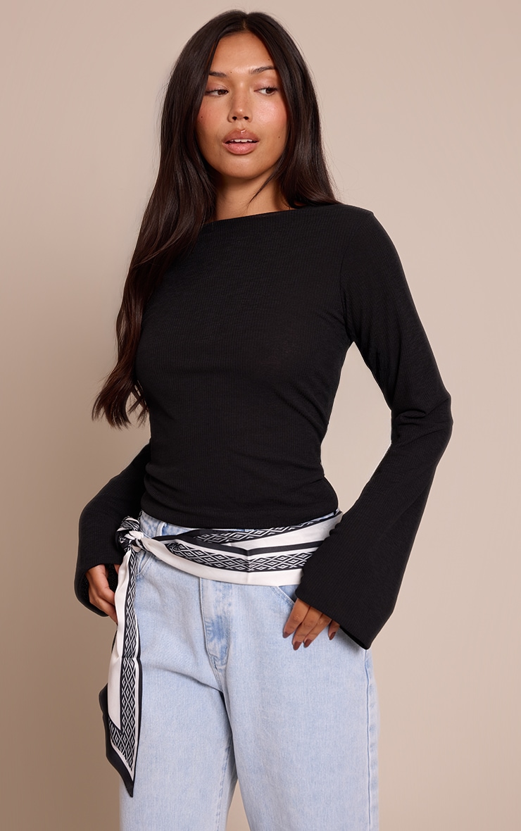 Black Rib Onion Skin Flare Long Sleeve Top image 4
