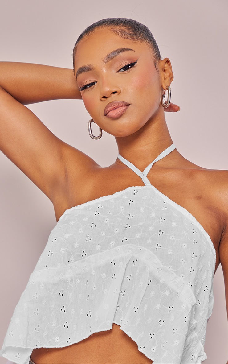 White Broderie Frill Halter Crop Top Tops PrettyLittleThing