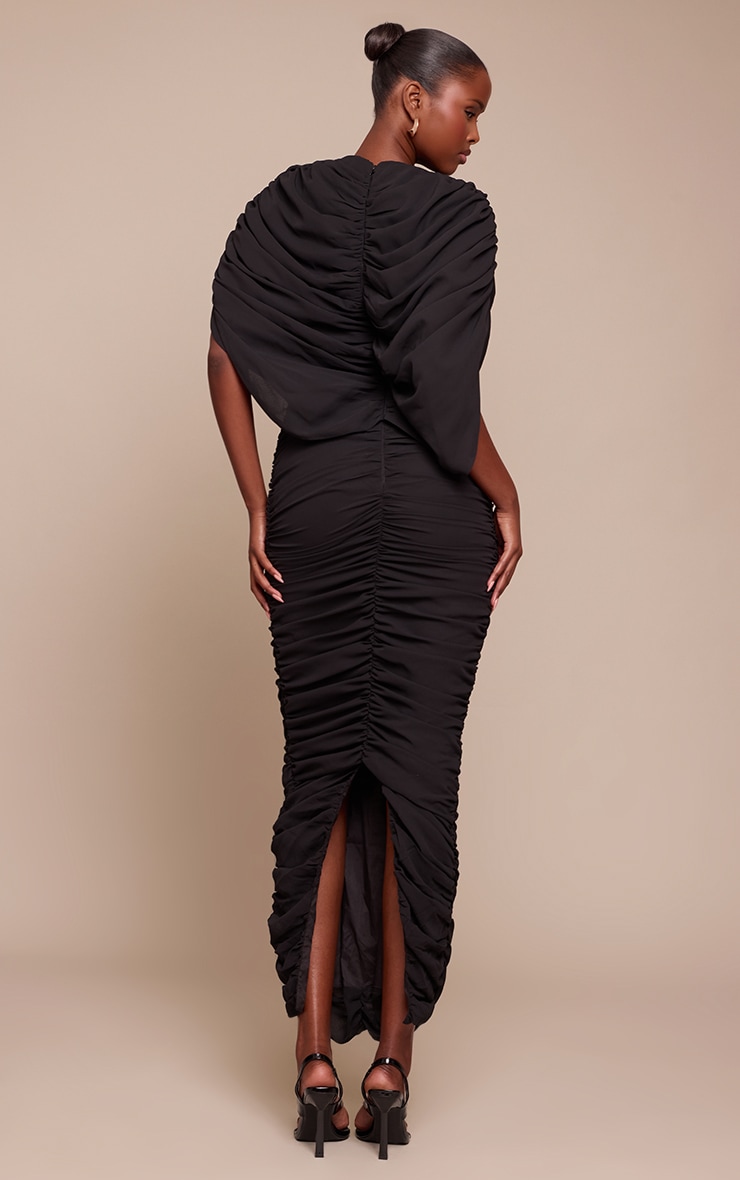Robe longue en mousseline de soie noire froncée à partie superposée image 2