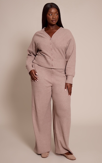 Plus Mushroom Soft Ribbed Low Rise Wide Leg Trousers