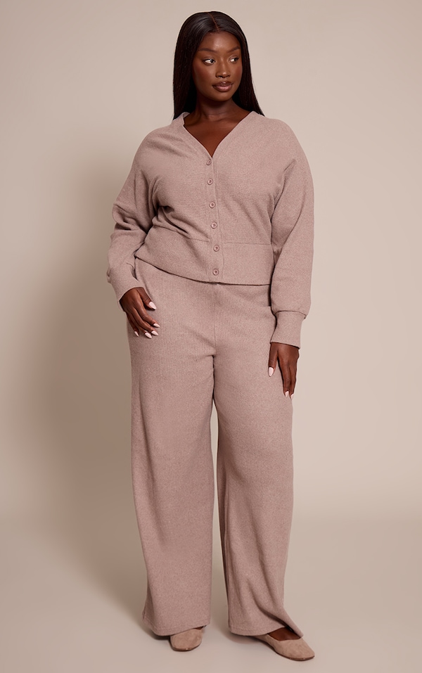 Plus Mushroom Soft Ribbed Low Rise Wide Leg Trousers