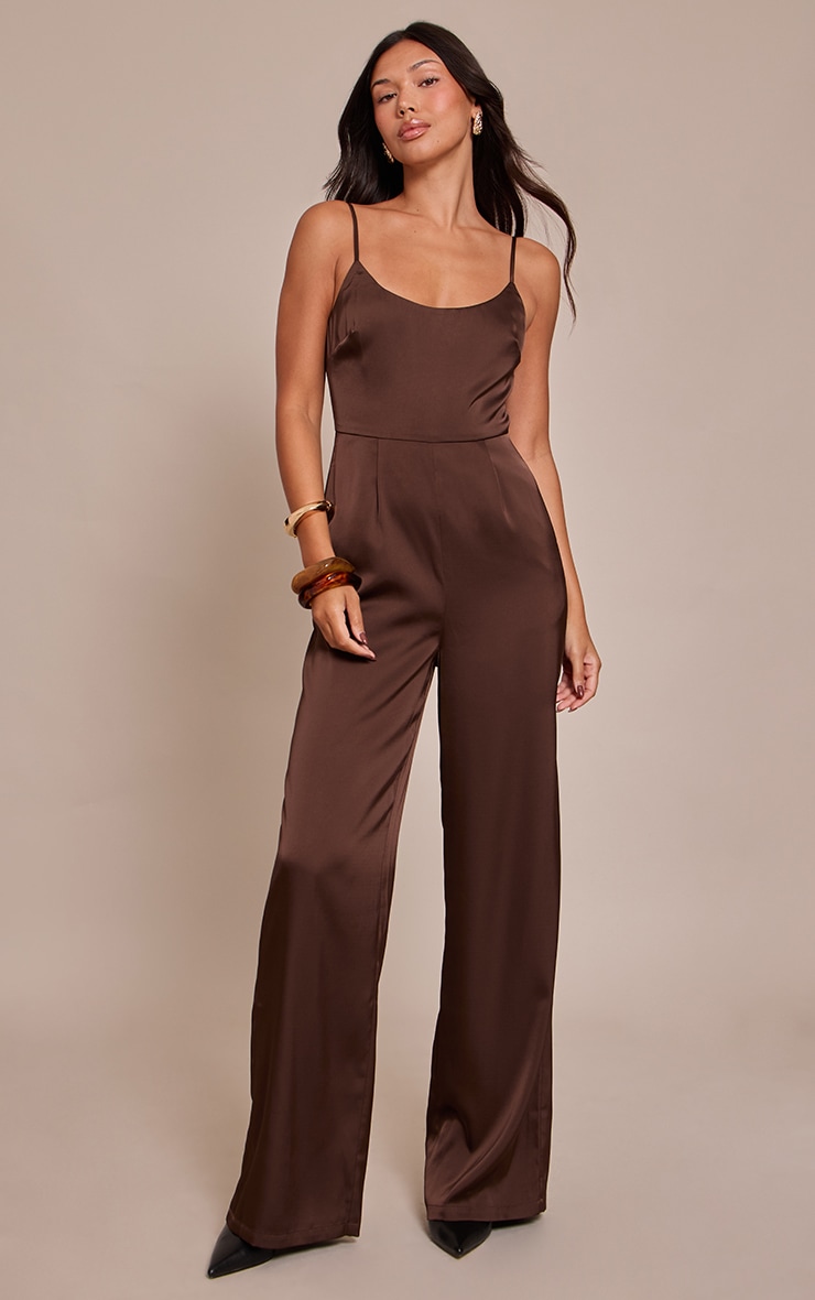 Chocolate Satin Scoop Neck Straight Leg Jumpsuit image 3