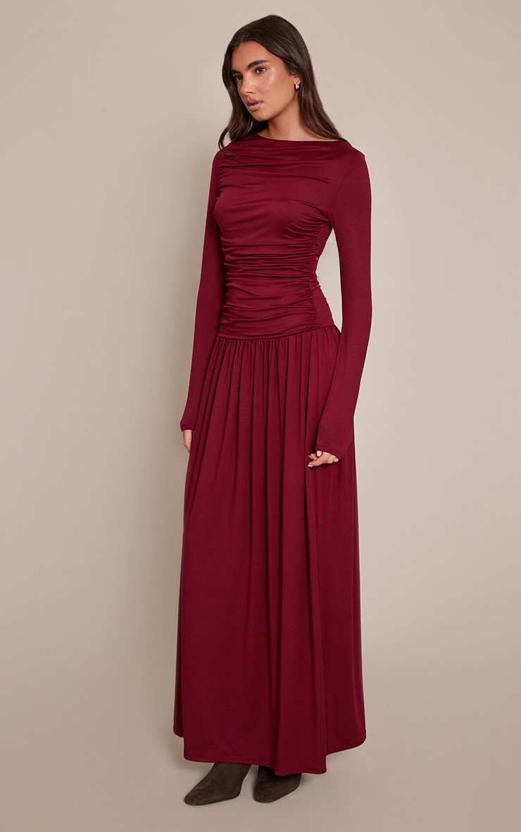 Wine Soft Touch Jersey Ruched Long Sleeve Maxi Dress image 3