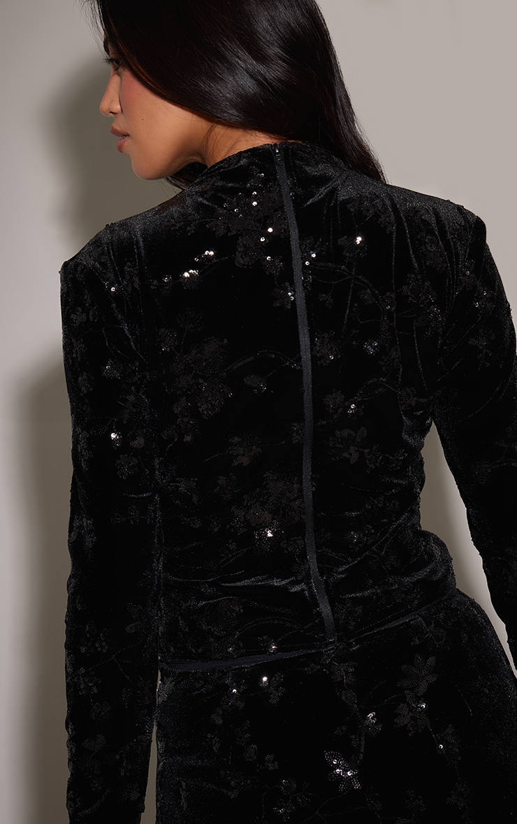 Black Velvet Floral Sequin High Neck Top  image 2
