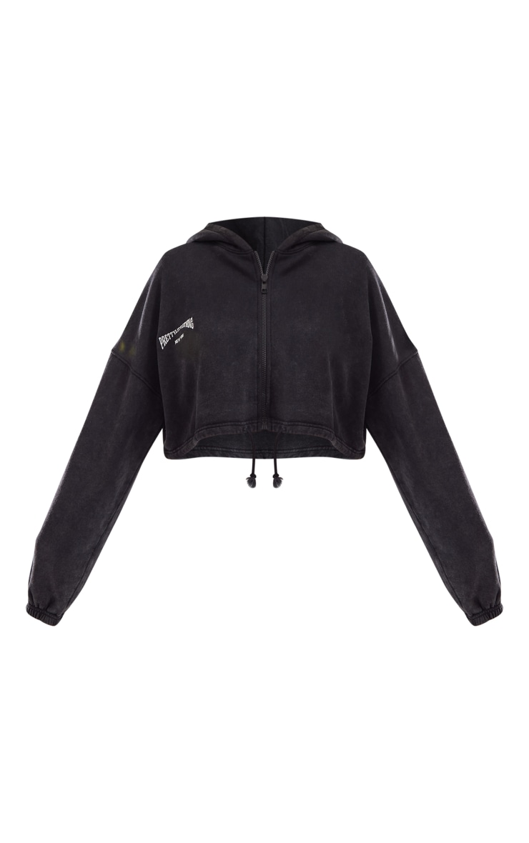 PRETTYLITTLETHING Black Embroidered Washed Tie Crop Hoodie image 5