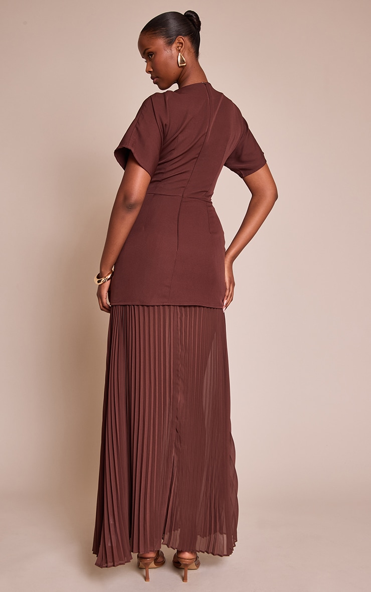 Chocolate Satin Back Tie Pleated Hem Maxi Dress image 2