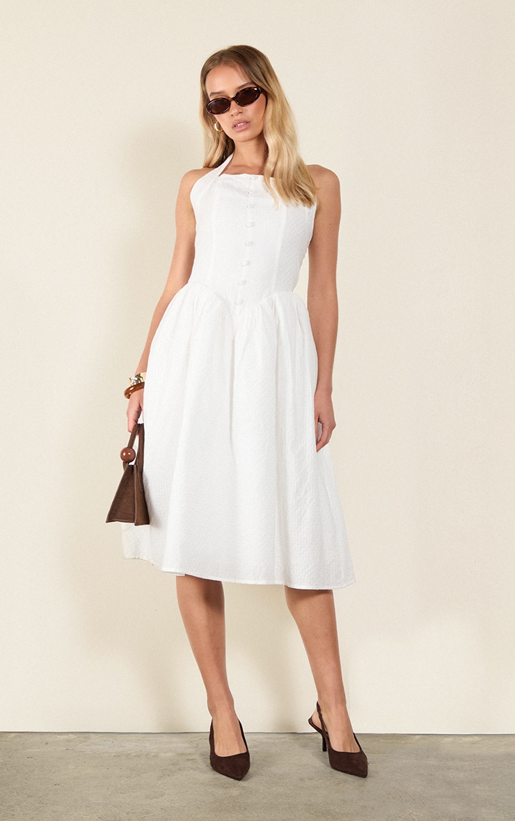 White Embroidered Cotton Halterneck Midaxi Dress image 1