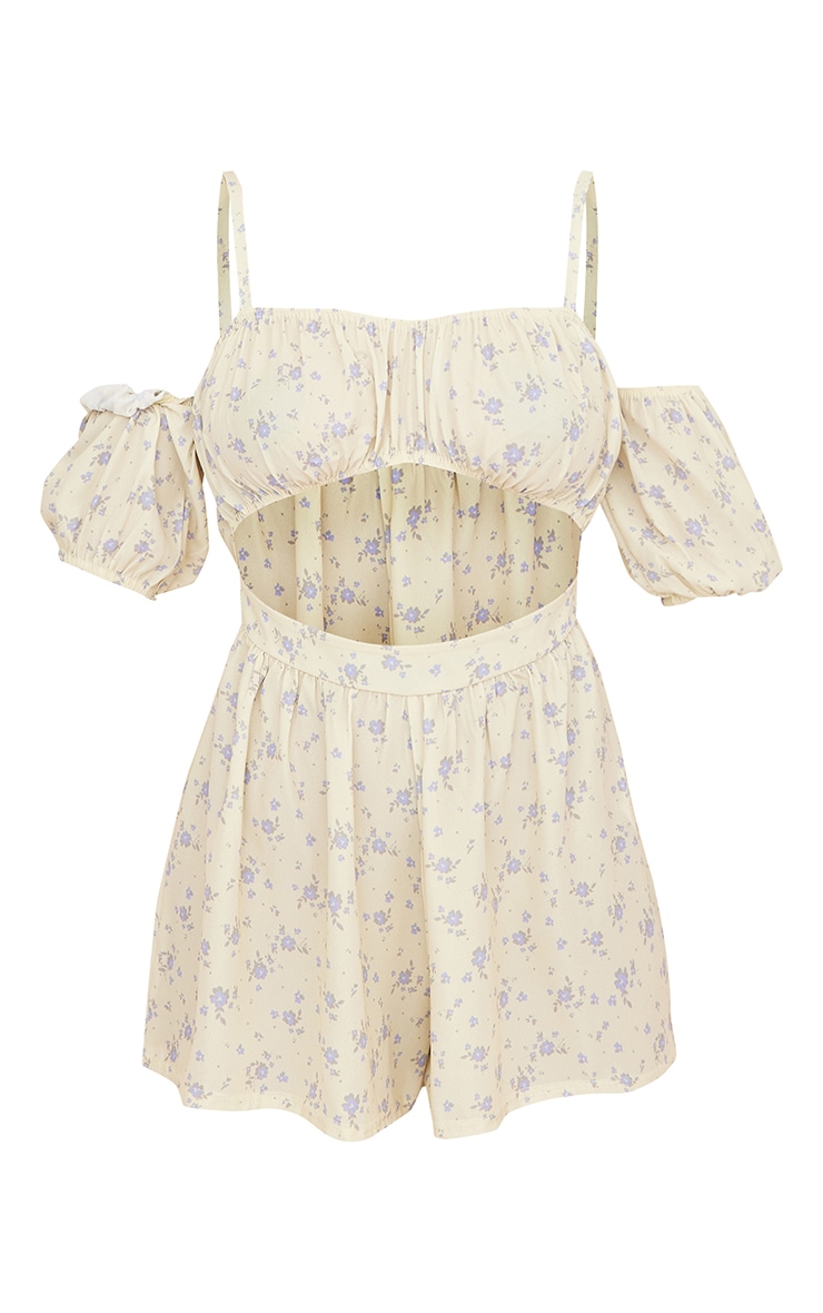 Lemon Floral Ditsy Print Cut Out Puff Sleeve Playsuit image 5