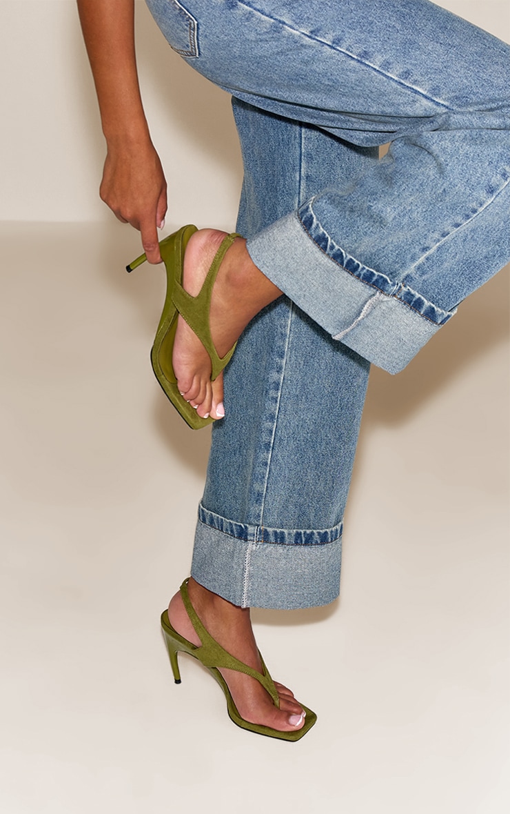 Olive Suede Toe Thong Square Toe Heeled Sandal