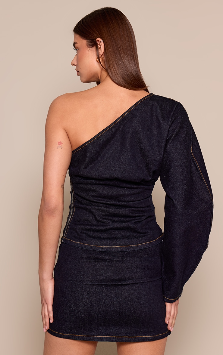 Raw Indigo Ruched Single Sleeve Denim Top image 2