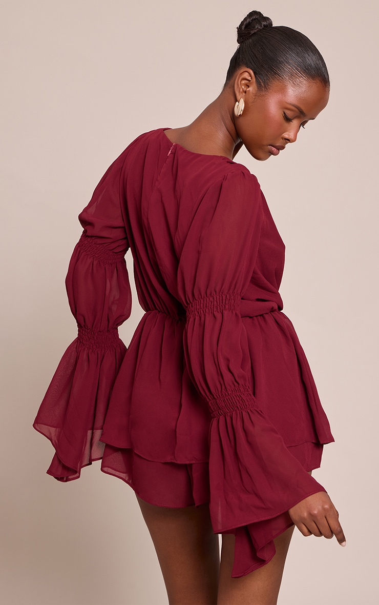 Burgandy Chiffon V Neck Long Ruched Sleeve Romper image 2