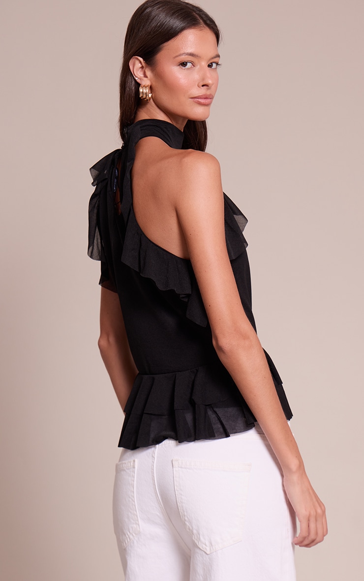 Black Stretch Chiffon Frill Detail Highneck Top image 2