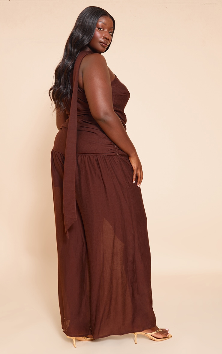 Plus Chocolate Textured One Shoulder Scarf Detail Jumpsuit image 2