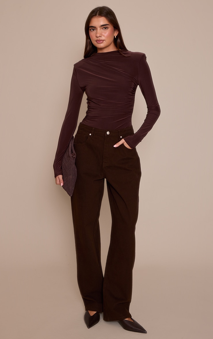 Deep Chocolate Double Layer Slinky Ruched Drape Detail Long Sleeve Bodysuit image 3