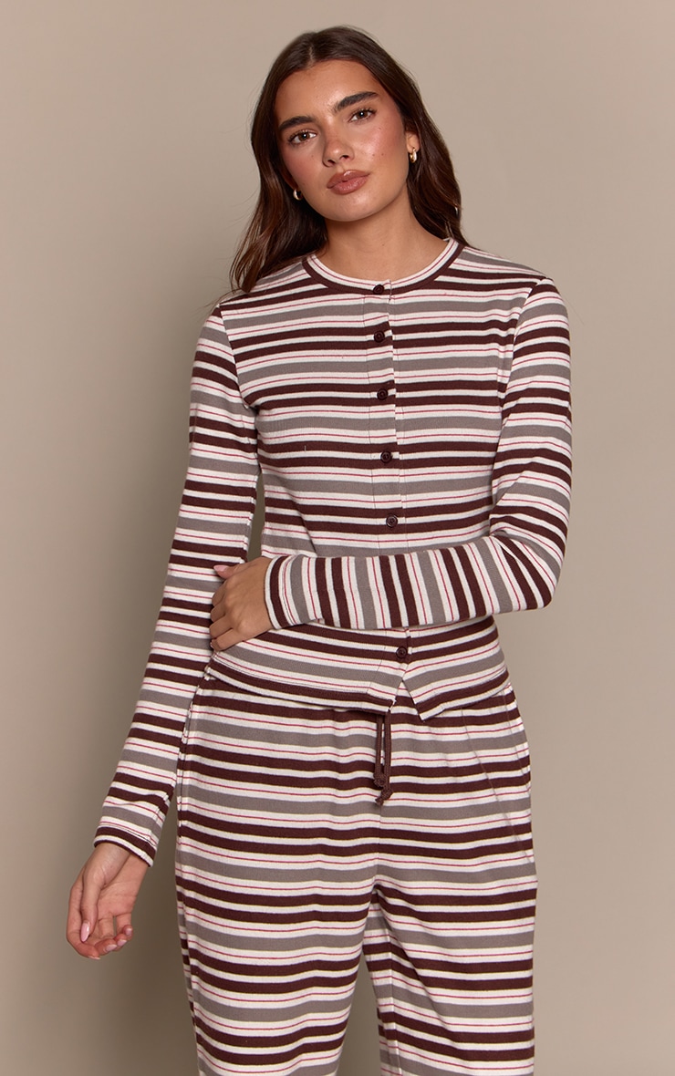 Brown Stripe Soft Touch Button Down Top image 1