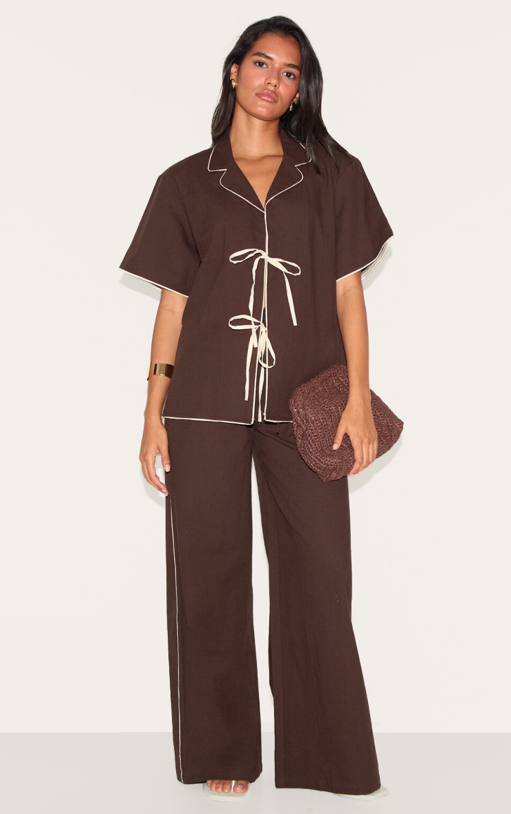 Dark Brown Linen Look Contrast Wide Leg Pants image 1
