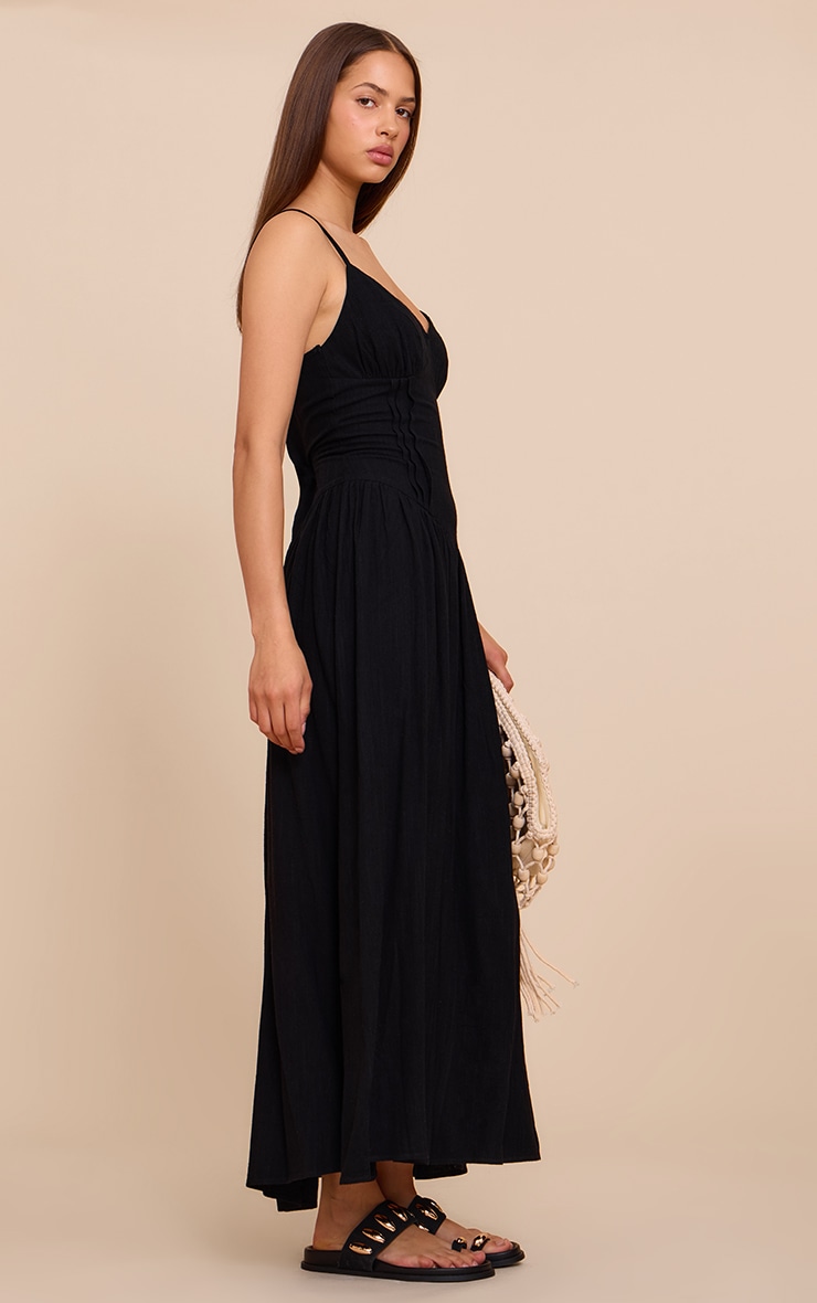 Black Textured Woven Pleat Detail Maxi Dress image 3