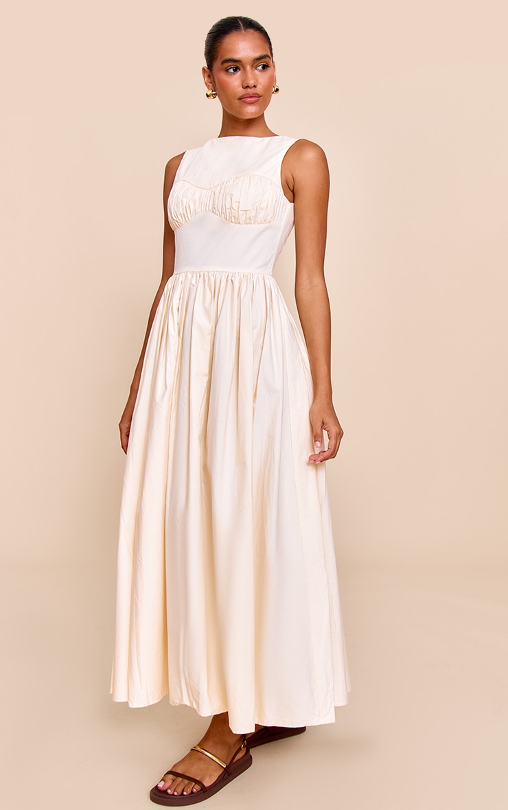 Robe mi-longue en popeline de coton crème à buste froncé image 3