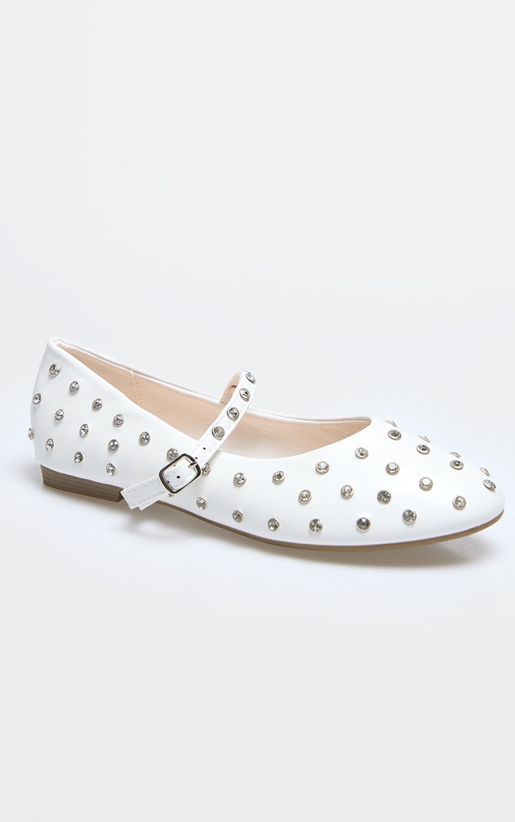 White PU Round Toe Studded Ballet Flats image 4