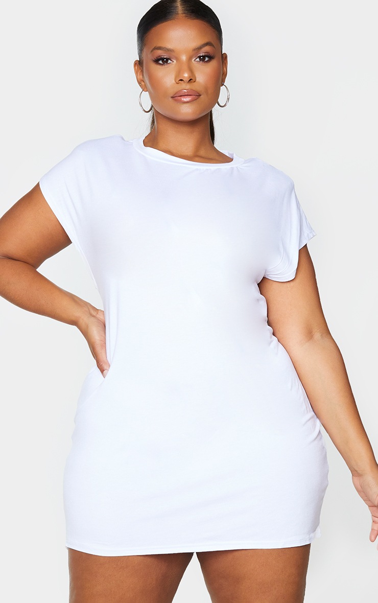 Plus White Shoulder Pad Jersey T-Shirt Dress