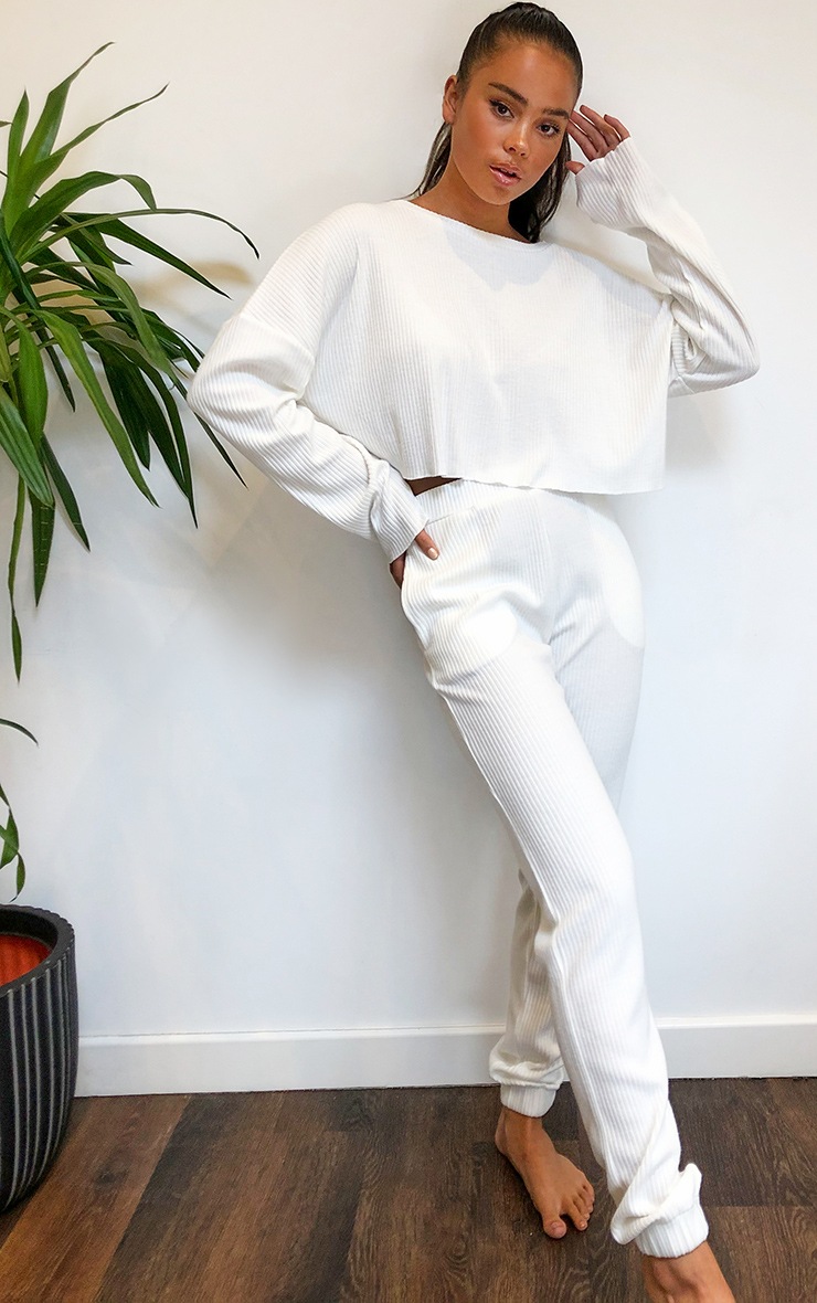 Cream Soft Rib Skinny Joggers