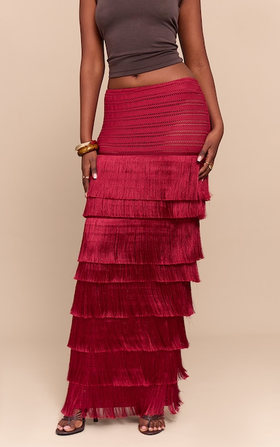 Deep Red Premium Textured Tassel Trimmed Maxi Skirt