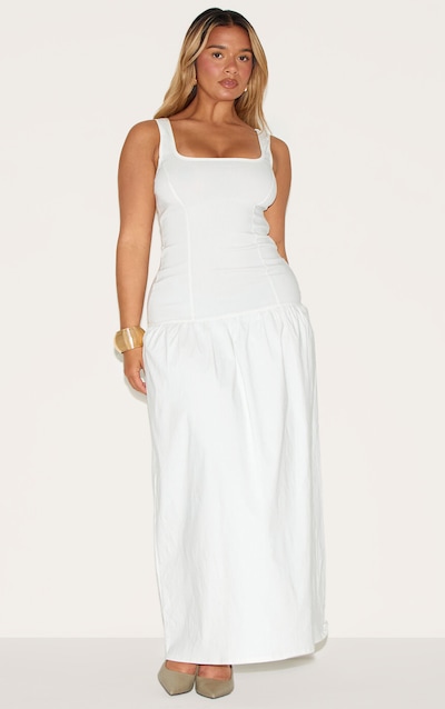 Shape Butter Cream Stretch Woven Square Neck Dropped Hem Maxi Shift Dress