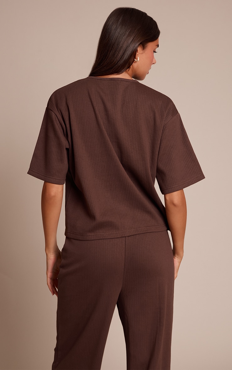 Haut en maille tricot côtelée boutonné marron chocolat image 2