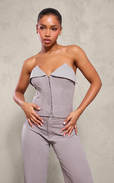 Grey Woven Hook & Eye Seam Detail Fold Over Hem Bandeau Corset
