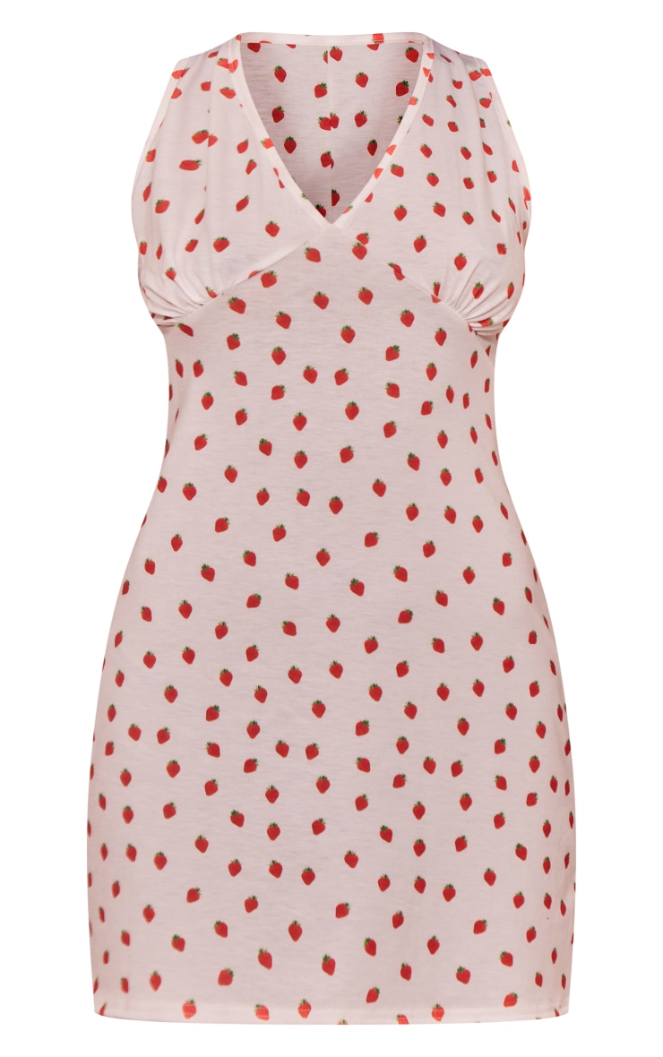 White Strawberry Print Ruched Bust Shift Dress image 1