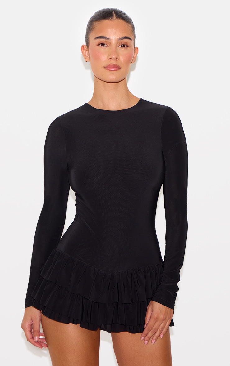 Black Double Layer Slinky Long Sleeve Rara Skort Romper image 1