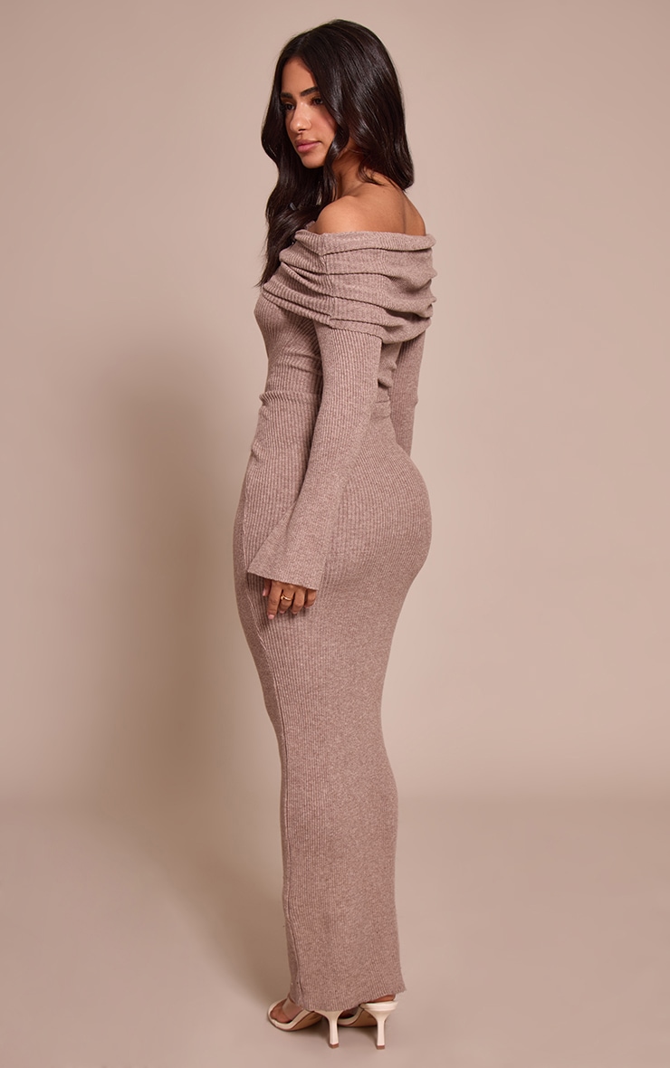 Petite Taupe Knit Bardot Long Sleeve Maxi Dress image 2