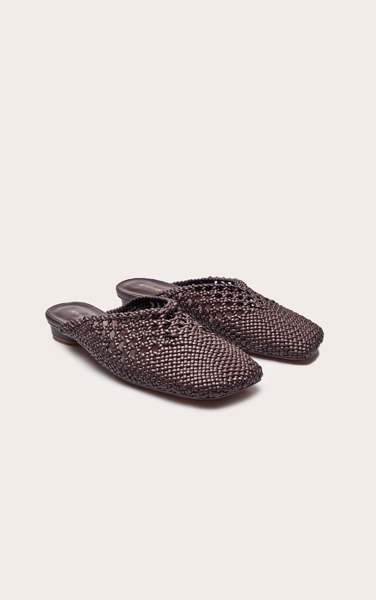 Chocolate Pu Square Toe Woven Flats image 3