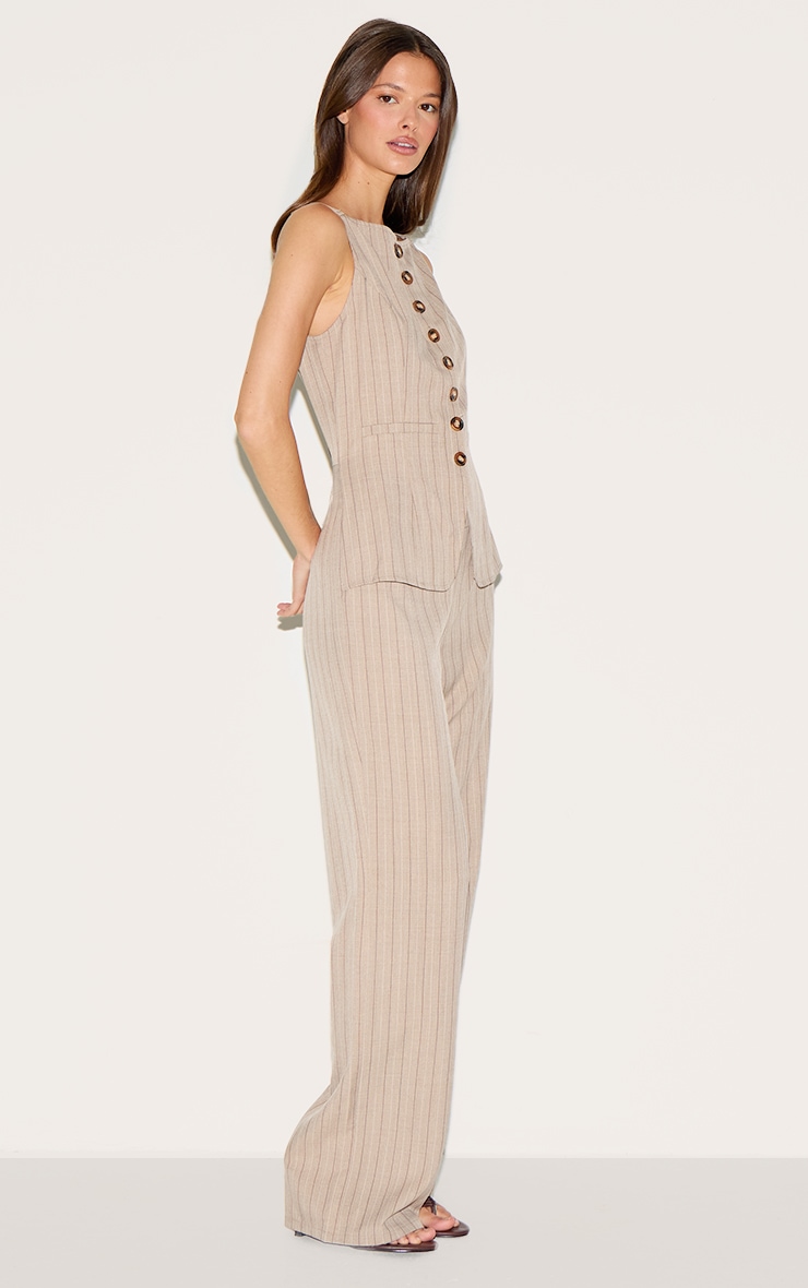 Brown Pinstripe Linen Button Down Peplum Hem Jumpsuit image 3