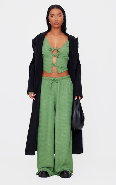 Khaki Textured Low Rise Wide Leg Pants