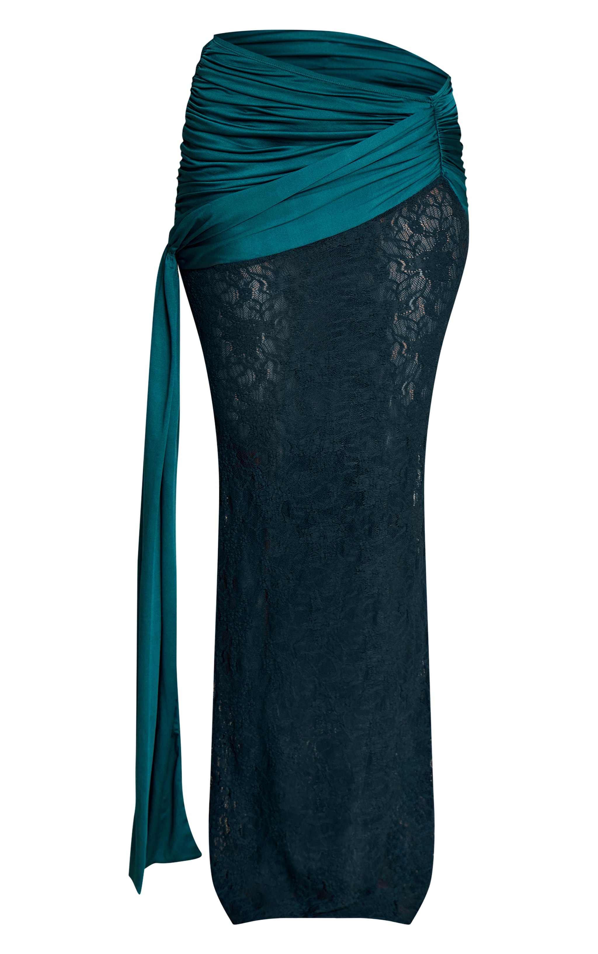 Jupe longue moulante en dentelle vert émeraude froncée à partie superposée drapée image 5