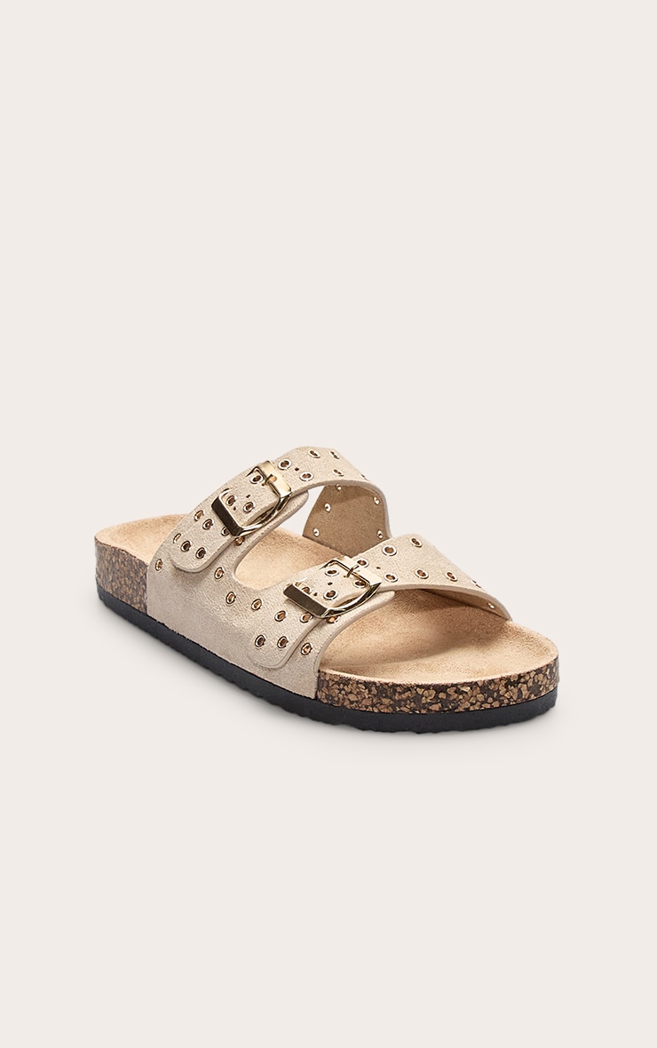 Beige Faux Suede Double Buckle Eyelet Footbed Sandals image 2