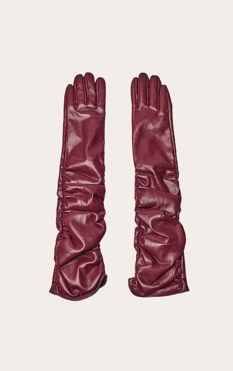 Burgundy Faux Leather Long Ruched Gloves image 2