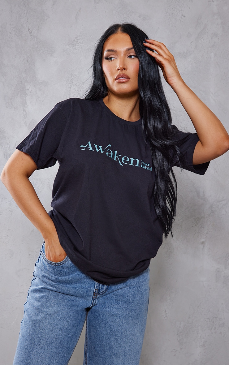 Black Awaken Your Mind Printed T Shirt