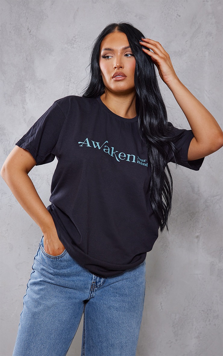 Black Awaken Your Mind Printed T Shirt image 1