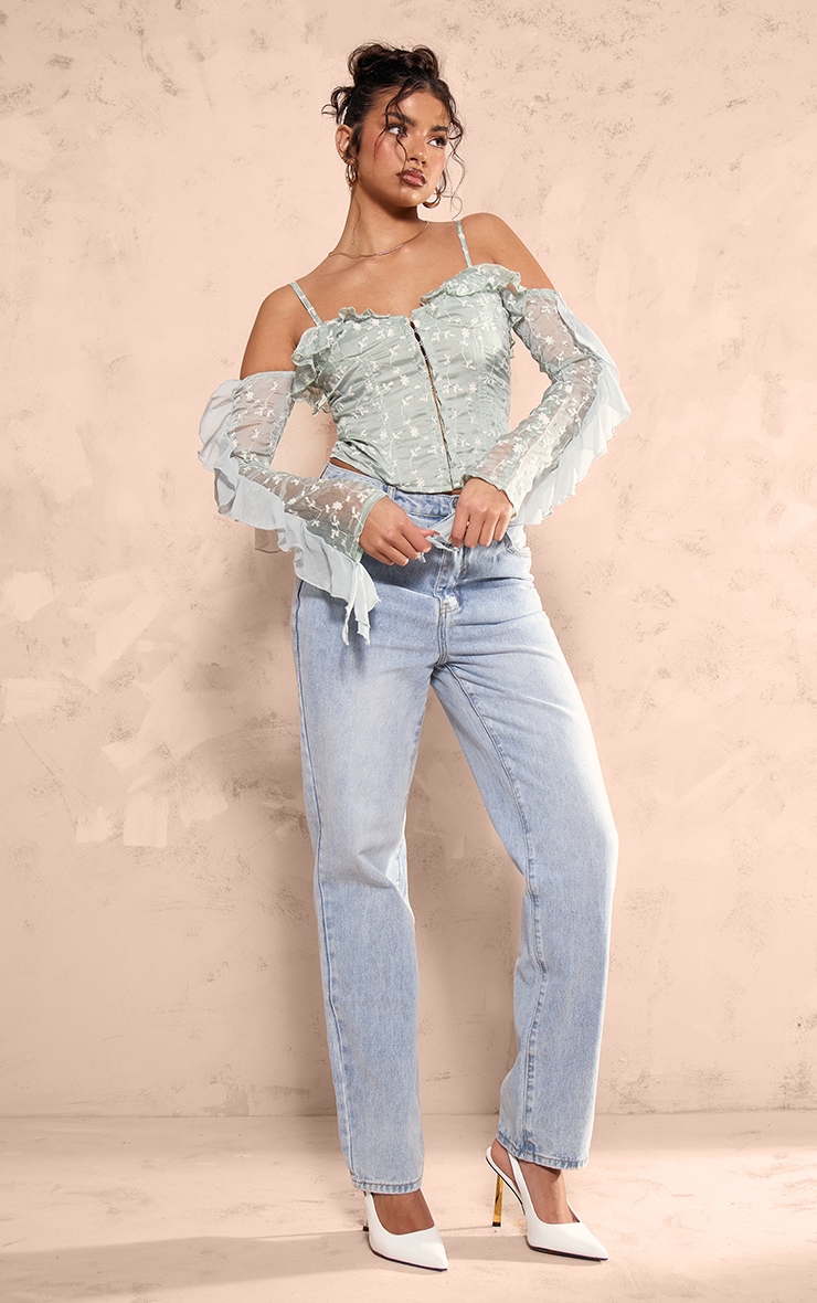 Sage Green Applique Detail Woven Hook & Eye Frill Boned Bardot Corset image 3