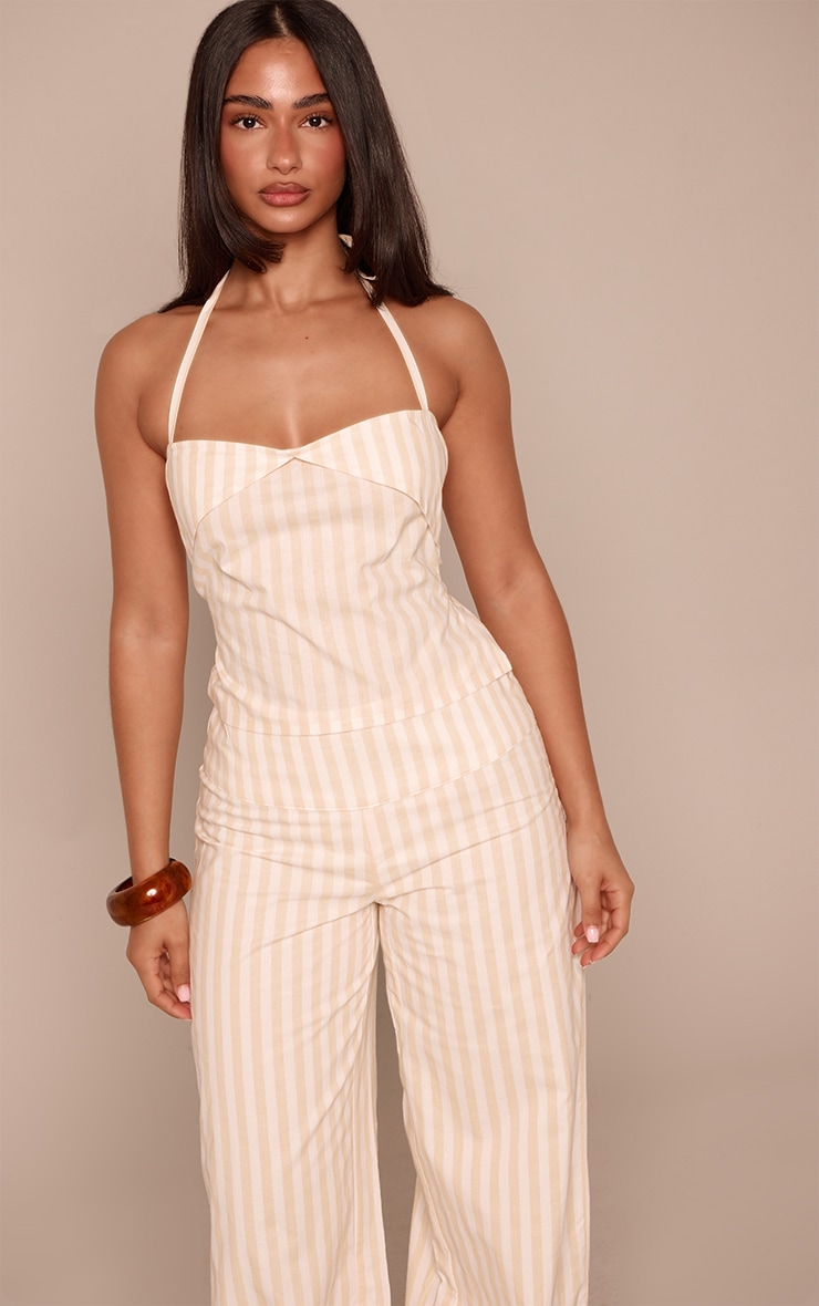 Petite Butter Yellow Pinstripe Foldover Halterneck Linen Look Top