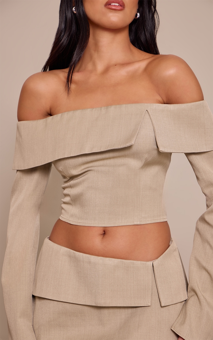 Taupe Twill Tailored Foldover Bardot Top image 4