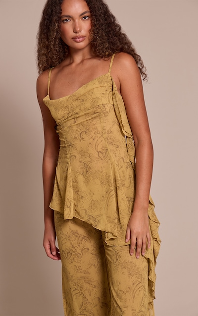 Tall Chartreuse Abstract Print Chiffon Frill Cami Top