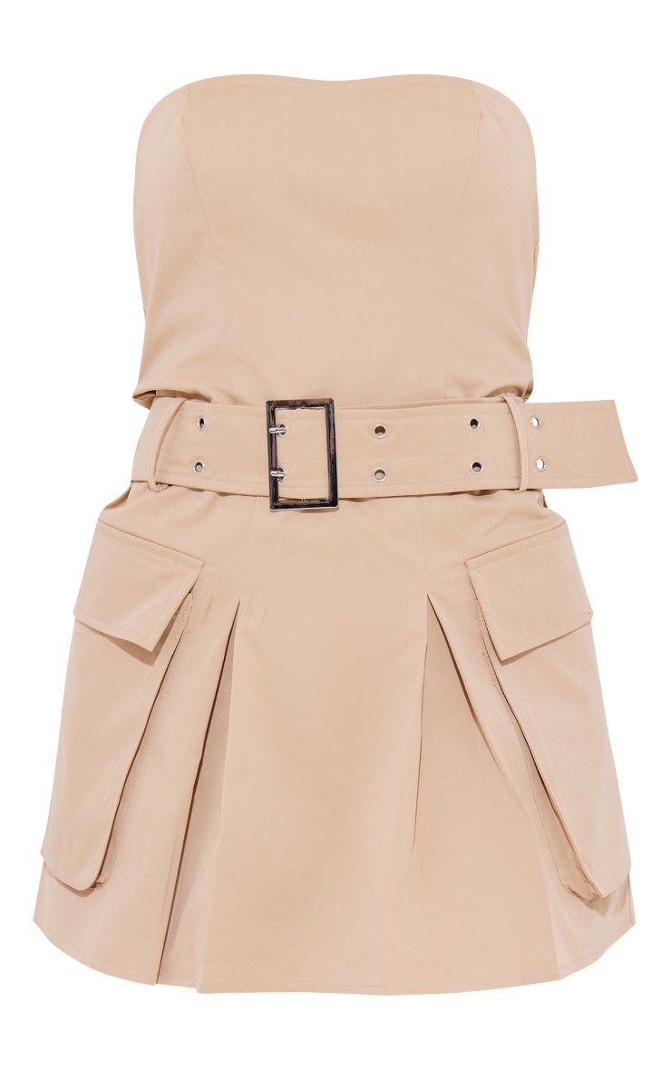 Camel Tailored Woven Pocket Belted Bandeau Bodycon Dress image 5